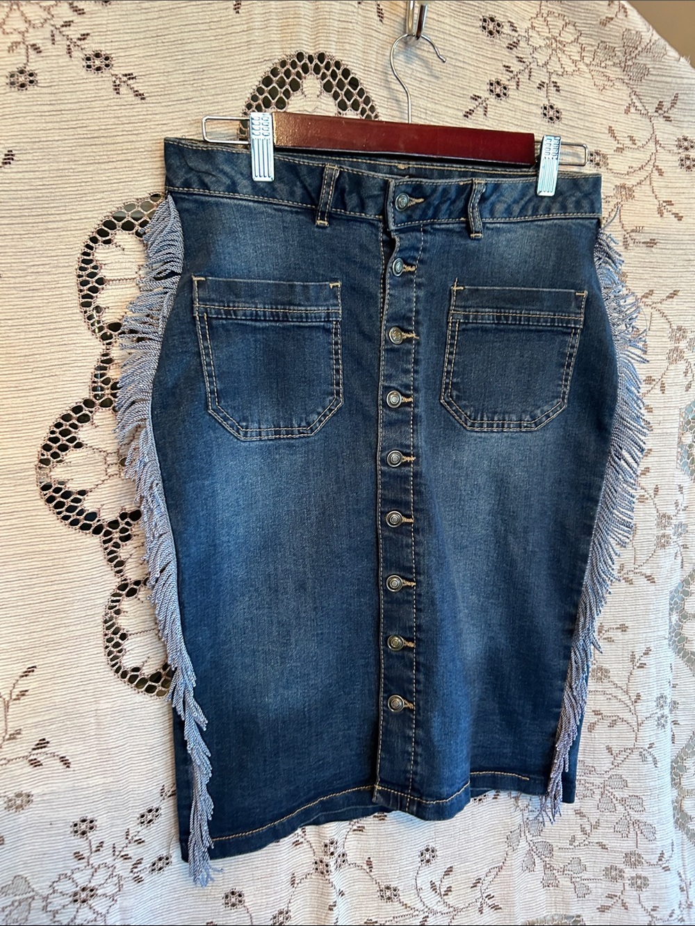 Up cycled , handcrafted, stretch, denim pencil skirt with fringe